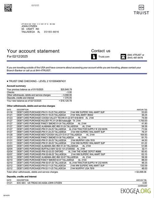 Modèle Word et PDF de relevé de compte USA Truist Bank